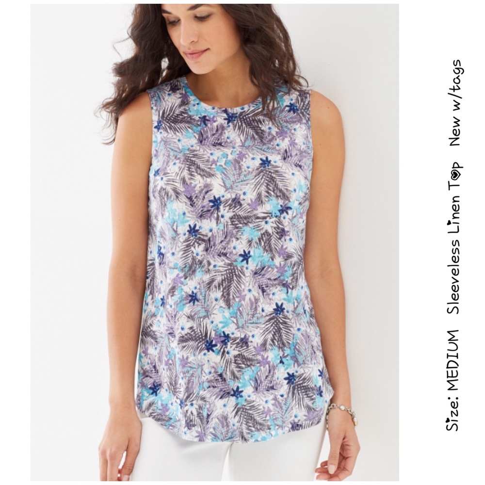 J. Jill Linen Blend Tank MEDIUM NWT WHITE HAWIAN BLOSSOMS